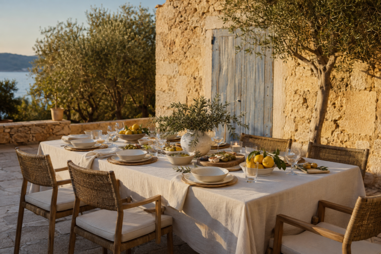 Mediterranean patio dining table with linen, lemons, olive branches, and candles