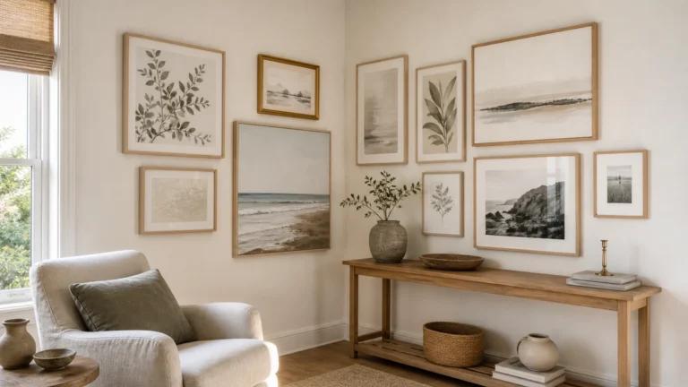 A calm coastal living room with a gallery wall wrapping around a bright inside corner.