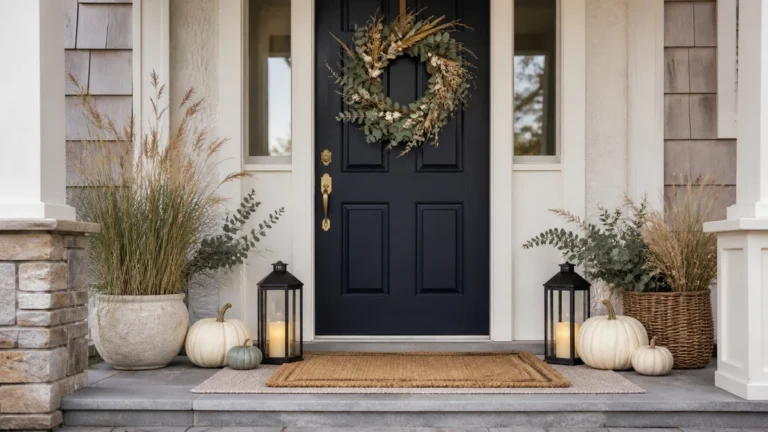 A calm coastal front porch decorated for fall with ivory pumpkins, navy accents, woven texture, a coir doormat, and warm lantern light.