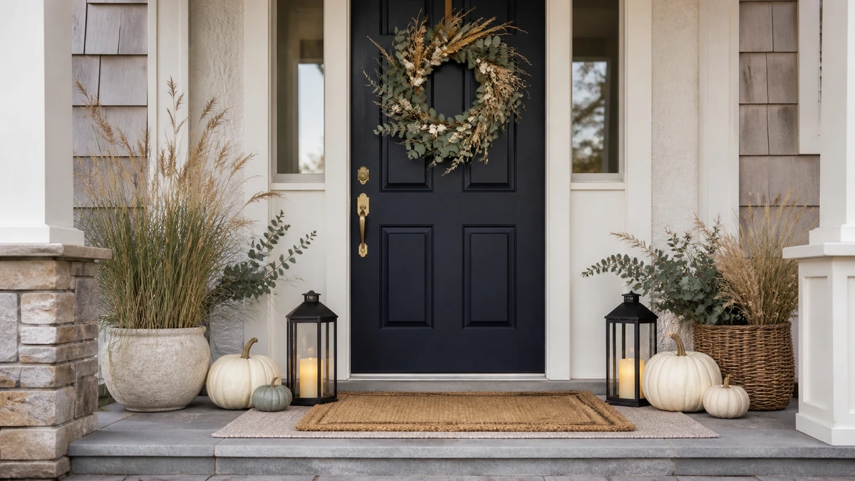 A calm coastal front porch decorated for fall with ivory pumpkins, navy accents, woven texture, a coir doormat, and warm lantern light.